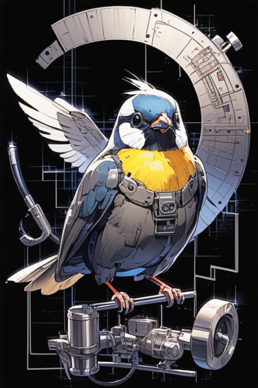 electro mechanic bird, collage, black background