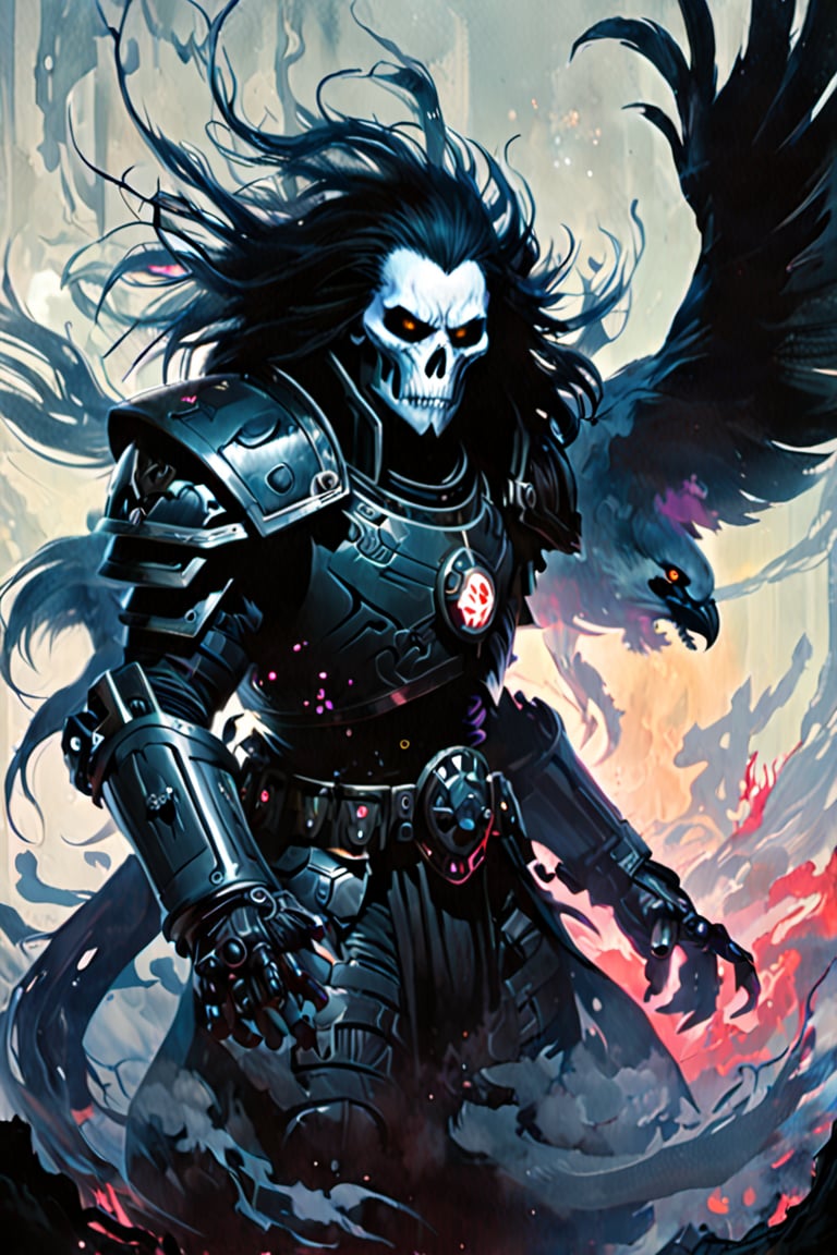 Black light and oil painting, warm foreground background, Balsar Kurthuri ((a male, long straight black hair, shoulder-length haircut, black eyes, pale white skin, muscular build, wears black cybernetic armor with white ornaments and white lines, white raven symbol), surrounded by a cold misty night, glowing face paint with ultraviolet black light, by lois van baarle and bastien lecouffe deharme, drops of paint, dreamlike, digital painting, dynamic lighting, noir, art fantasy, stunning imaginative art, splatter art, subtle alcohol ink, mystical mist, night, shadows, magnificent and powerful, ((Space Marine, Balsar Kurthuri is a man from the Raven Guard, XIX Legion, Warhammer 40K)), concept art, acrylic paint, cinematic lighting, bright, intricate, cool color nuances, chaotic, 16k, illustration, colorful touches, golden ratio, fake detail, trending pixiv fanbox, acrylic spatula, slawomir maniak style, pascal campion, makoto shinkai studio ghibli genshin impact james gilleard greg rutkowski chiho aoshima, fear, wonder, 2d animation 3d painting, ghost person, DonMD3m0nXL, more detail XL,