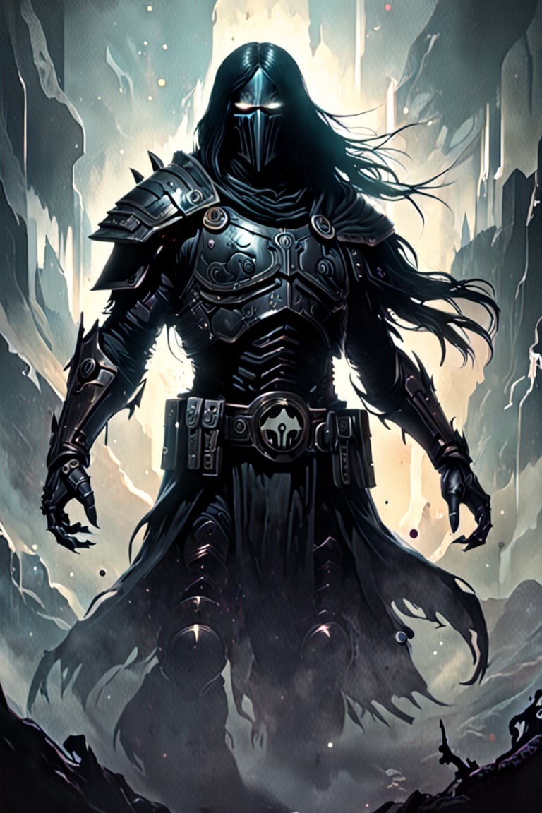 Black light and oil painting, warm foreground background, Corvus Corax ((a male, long straight black hair, shoulder-length haircut, black eyes, pale white skin, muscular build, wears black cybernetic armor with white elemets and white lines, white raven symbol), surrounded by a cold misty night, glowing face paint with ultraviolet black light, by lois van baarle and bastien lecouffe deharme, drops of paint, dreamlike, digital painting, dynamic lighting, noir, art fantasy, stunning imaginative art, splatter art, subtle alcohol ink, mystical mist, night, shadows, magnificent and powerful, ((Space Marine, Corvus Corax is a man from the Raven Guard, XIX Legion, Warhammer 40K)), concept art, acrylic paint, cinematic lighting, bright, intricate, cool color nuances, chaotic, 16k, illustration, colorful touches, golden ratio, fake detail, trending pixiv fanbox, acrylic spatula, slawomir maniak style, pascal campion, makoto shinkai studio ghibli genshin impact james gilleard greg rutkowski chiho aoshima, fear, wonder, 2d animation 3d painting, ghost person, DonMD3m0nXL, more detail XL,