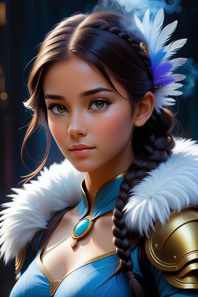 Black light and oil painting, warm and cool background in the foreground. She is a beautiful twenty-eight-year-old half-elf. She has an athletic build, slightly tanned skin, and hazel eyes. She wears her long dark brown hair in a thick braid, which is usually accompanied with blue feathers. She wears a fantasy hunter outfit. a light blue shirt, with black leather elements. On her right shoulder she wears a shoulder pad completely covered with abundant white fur. she wears black gloves up to her elbows. surrounded by colorful smoke, ultraviolet black light glowing face paint, by lois van baarle and bastien lecouffe deharme, paint drops, dreamy digital painting, dynamic lighting, vibrant, fantasy art, beautiful imaginative art, splatter art, subtle ink alcohol, mystical fog, concept art, acrylic paint, cinematic lighting, luminous, intricate, cold color nuances, chaotic, 16k, illustration, colorful touches. , golden ratio, fake detail, trending pixiv fanbox, acrylic spatula, slawomir maniak style, pascal campion, makoto shinkai studio ghibli genshin impact james gilleard greg rutkowski chiho aoshima, fear, marvel, 2d animation 3d painting
