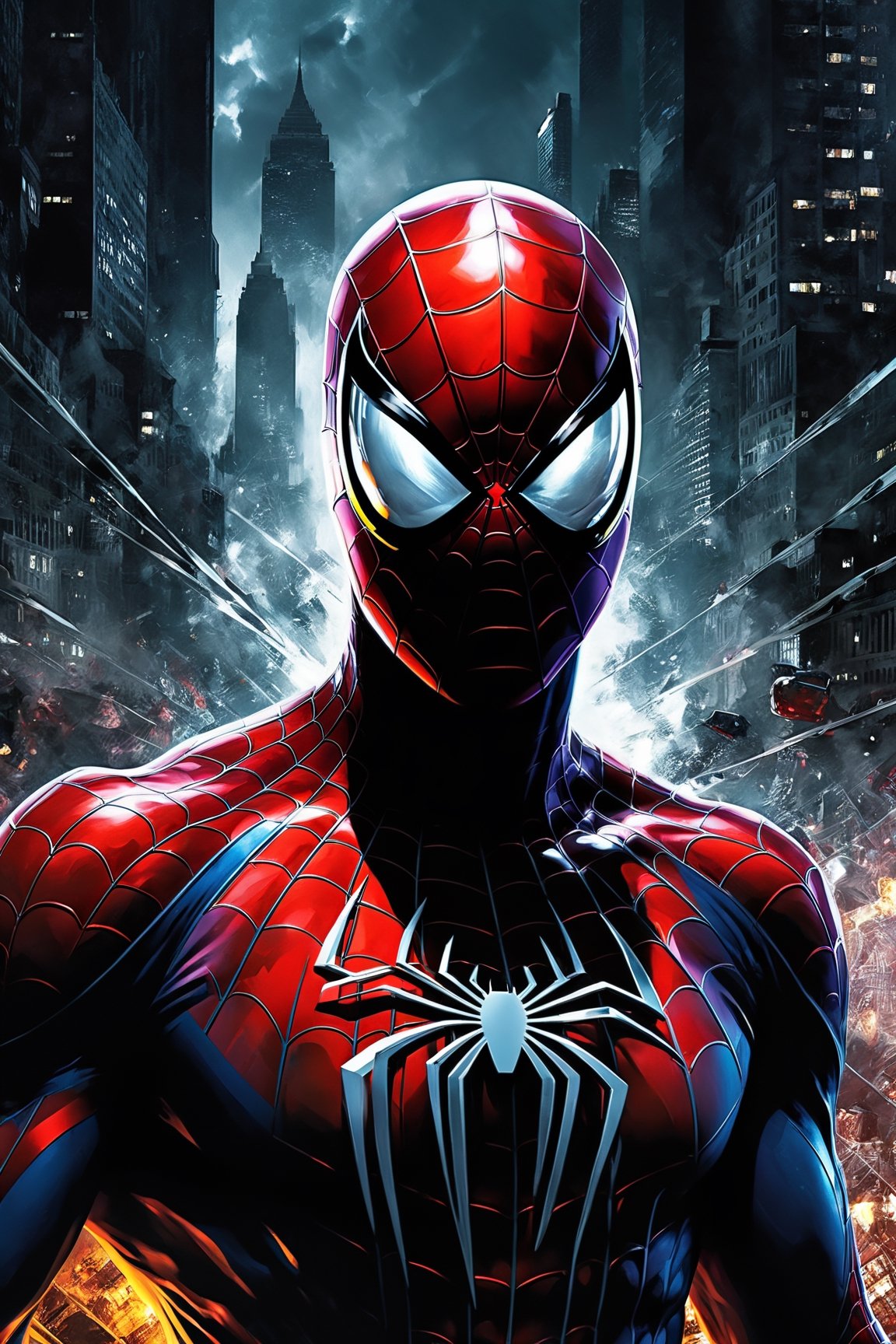 spiderman wallpaper, foreboding, intense, detailed, ominous, reflective, action camera, fisheye lens, twilight, surreal photography, infrared film, abstract-realism, low-key studio lighting. hyperactive imagination, interactive, highly detailed image. Art's Style by Clayton Crain + Stjepan Sejic + Alessandro Cappuccio.