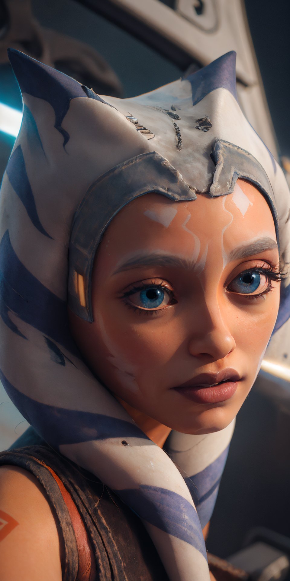 photorealistic stunningly beautiful dynamic [close-up shot], face portrait, 1girl, solo, (blue eyes), ((orange skin)), arm tattoos, ahsokatano, extremely detailed eyes, realistic eyeballs, detailed symmetric realistic face, symetric eyeballs, small eyeballs, natural orange skin texture, extremely detailed orange skin, with skin pores, peach fuzz, small freckels, (small lips), delicate face, wearing armor, tight shorts, boots, gloves, (lightsaber), (spaceship neon background), masterpiece, absurdres, award winning photo by lee jeffries, nikon d850 film stock photograph, kodak portra 400 camera f1.6 lens, extremely detailed, amazing, fine detail, rich colors, hyper realistic lifelike texture, natural shadow, unrealengine, trending on artstation, cinestill 800 tungsten, photo realistic, RAW photo, TanvirTamim, high quality, highres, sharp focus, cinematic lighting, 8k uhd, clean composition, strong details, beautiful colors, style raw