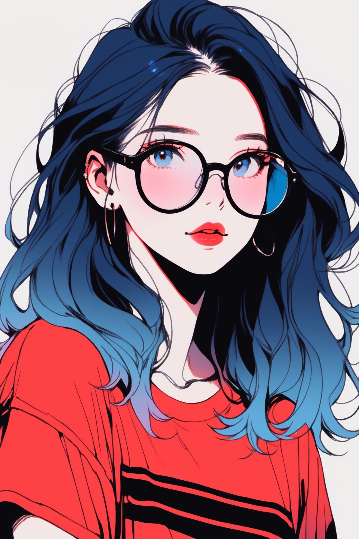 anime, 1girl, (white-blue gradient background:1.3), long floating hair, (blue gradient hair color), blush, long eyelashes, solo, small breasts, red lips, makeup, glasses, oversized shirt, portrait 