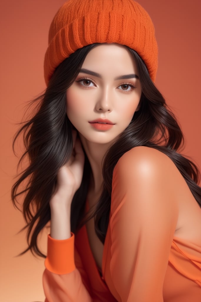 (masterpiece,best quality( long hair, black hair, lady, brown eyes, (light_makeup, blush, long eyelashes, thin eyebrows), santa hat, (orange gradient background:1.3), Christmas theme, 