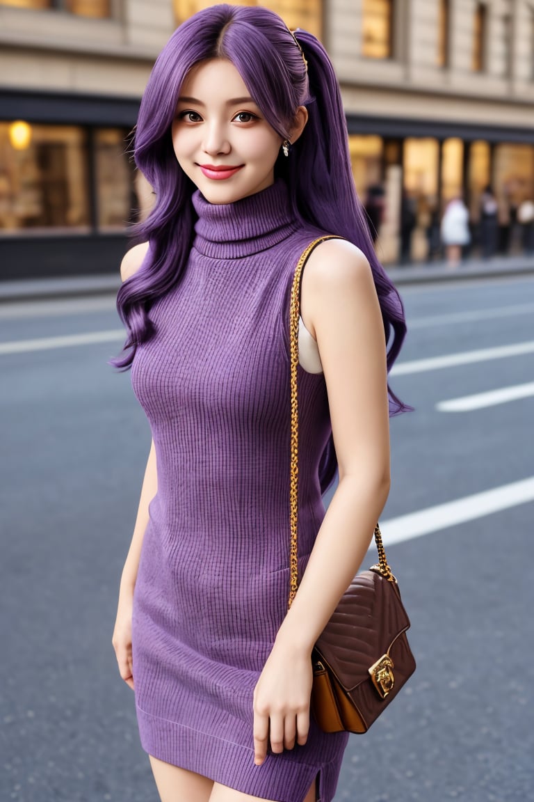 1girl,  long hair, purple hair, hair bow, brown eyes, small breasts, , street, standing, cowboy shot, turtleneck, ribbed sweater, sweater dress, sleeveless, shoulder bag, smile
,,poakl