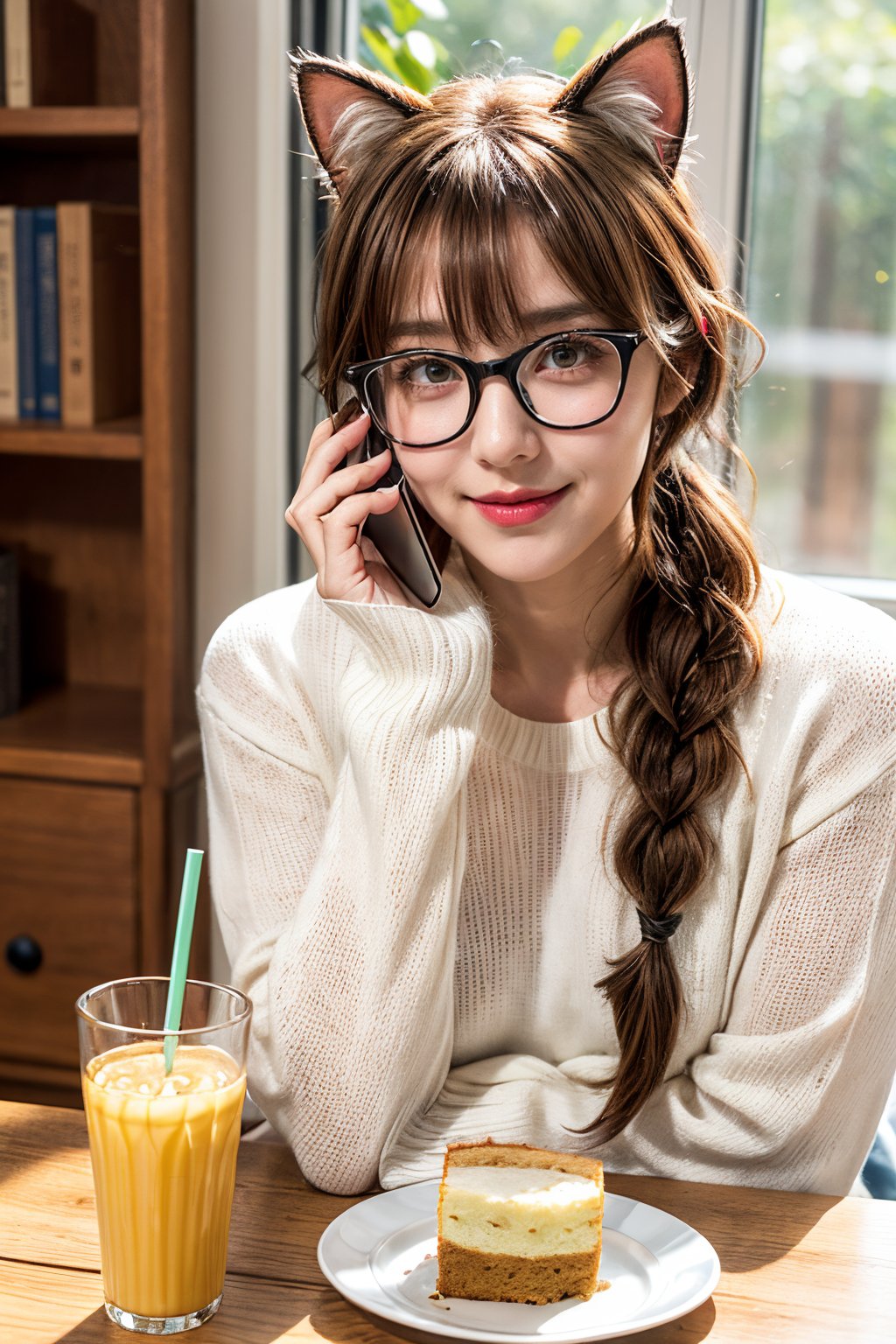 yulya,brown hair,yellow eyes,hair between eyes,cat pupils,animal ears,cat ears,tail,cat tail,cat girl,long hair,braid,side braid,single braid,bow,
1girl,glasses,solo,phone,long_hair,food,plate,cellphone,brown_hair,book,smartphone,cup,table,indoors,sunlight,long_sleeves,lips,sweater,sitting,bangs,holding,plant,drinking_glass,cake_slice,drinking_straw,window,day,white_sweater,head_rest,glass,bookshelf,green_eyes,parted_lips,blurry,drink,holding_phone,sleeves_past_wrists,looking_at_viewer,upper_body,smile,
((poakl)),