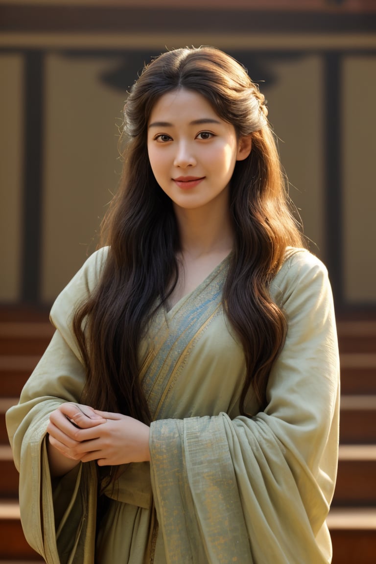 a with a orientalist smileful face and her hair is natural disheveled in a theatrical in the style of impressionist style painting, top 6 worst movie ever imdb list,
,,poakl