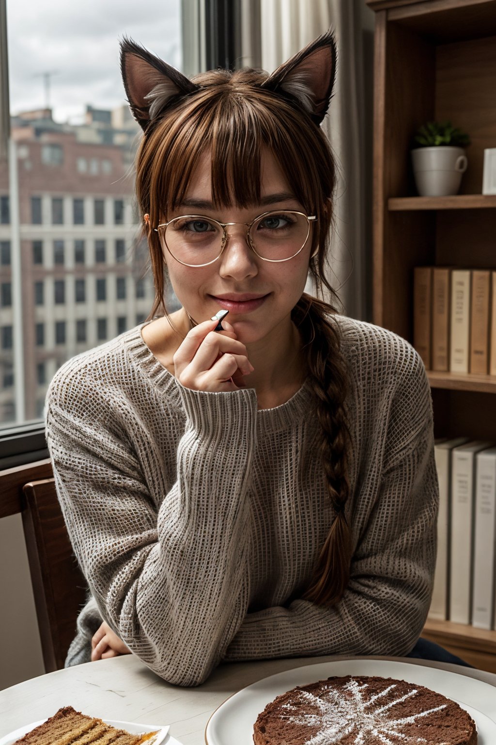 yulya,brown hair,yellow eyes,hair between eyes,cat pupils,animal ears,cat ears,tail,cat tail,cat girl,long hair,braid,side braid,single braid,bow,
1girl,glasses,solo,phone,long_hair,food,plate,cellphone,brown_hair,book,smartphone,cup,table,indoors,sunlight,long_sleeves,lips,sweater,sitting,bangs,holding,plant,drinking_glass,cake_slice,drinking_straw,window,day,white_sweater,head_rest,glass,bookshelf,green_eyes,parted_lips,blurry,drink,holding_phone,sleeves_past_wrists,looking_at_viewer,upper_body,smile,
((poakl)),