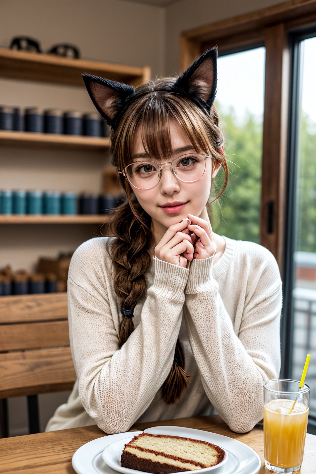 yulya,brown hair,yellow eyes,hair between eyes,cat pupils,animal ears,cat ears,tail,cat tail,cat girl,long hair,braid,side braid,single braid,bow,
1girl,glasses,solo,phone,long_hair,food,plate,cellphone,brown_hair,book,smartphone,cup,table,indoors,sunlight,long_sleeves,lips,sweater,sitting,bangs,holding,plant,drinking_glass,cake_slice,drinking_straw,window,day,white_sweater,head_rest,glass,bookshelf,green_eyes,parted_lips,blurry,drink,holding_phone,sleeves_past_wrists,looking_at_viewer,upper_body,smile,
((poakl)),