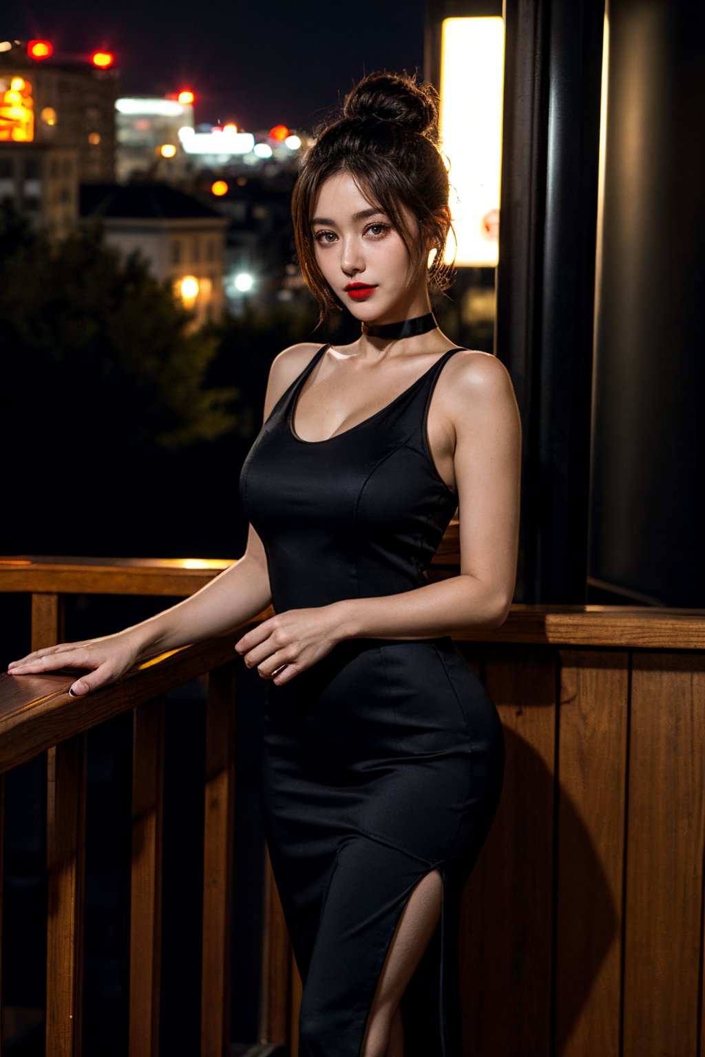 French woman, black hair, messy bun, slightly tanned, slender figure, black evening dress, black choker, dark red lipstick, city night, bar terrace, night, dimlit,
((poakl)),