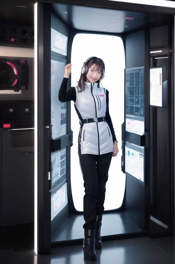 masterpiece:1.4, masterpiece,best quality,1girl,

BREAK
 (portrait shot):100,(lower body):100,

BREAK
 one girl in ((20yr old)), instagrammer pose,idol girl, (astrovest):2,(white shiny downves):5,(white puffer vest):5,(black long sleeves):2,black belt ,smartwatch,huge breast,wears a tight futuristic latex silver and black and white bodysuit,(white boots),astrovest

BREAK 
beautiful face ,smile,japanese girl,dark brown
hair,huge-breasted, long hair, Perfect model body, Blue eyes:1.4, headphone, Flirting, Happy, Looking 

BREAK
out the window of the futuristic sci-fi space station,While admiring the beautiful galaxy:1.2, SF control room on night background:1.1, Neon and energetic atmosphere:1.2 ((Galaxy)) ,((Solo:1.6)),futuristic space station background,inside space craft,Futuristic room,neotech,