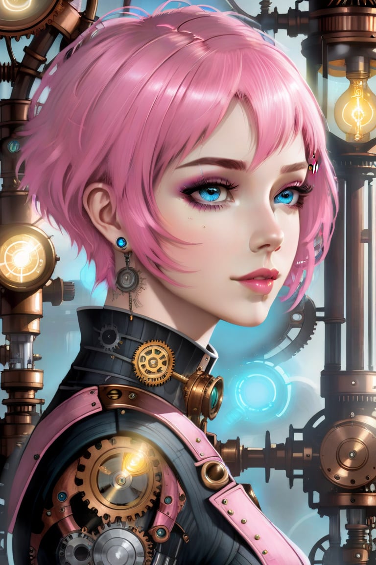 illuminated, hight quality, ultra detailed, shade, bright, beautyful girl, pink short hair, detailed, blue eyes, Steampunk,steampunk style, in love