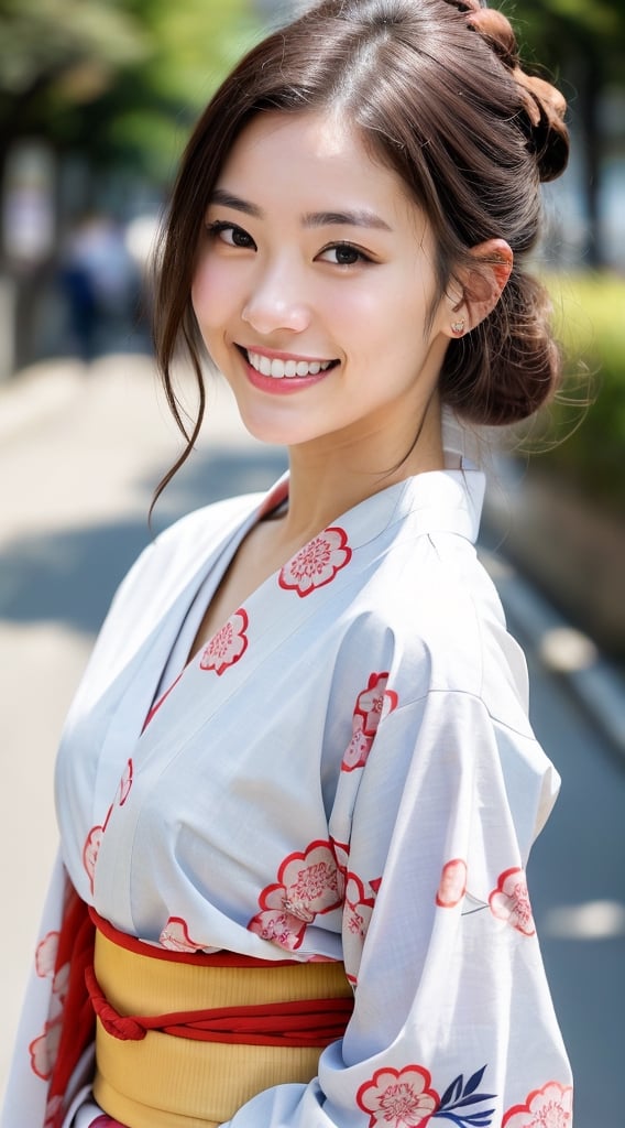 (photorealistic,  masterpiece,  best quality,  raw photo),  1 beautiful woman,  22 years old,  smiling with visible perfect teeth,  detailed beautiful eyes and face,  full_body,  Japanese,  traditional  kimono with flower pattern,  cultural outfit,  (light-brown hair tied up in 1 bang),  realistic detailed skin texture,  on a street in tokyo,  natural sunlight,  depth of fields,  close-up portrait,  sharp-focus
