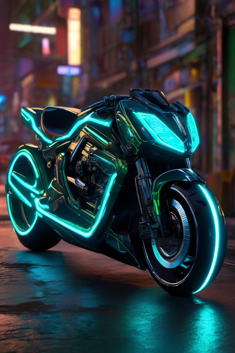 "A futuristic, cyberpunk-inspired motorbike in shades of green and black, its sleek contours accentuated by pulsating blue lights that outline the tires and cast an eerie glow on the surrounding urban landscape.",neon