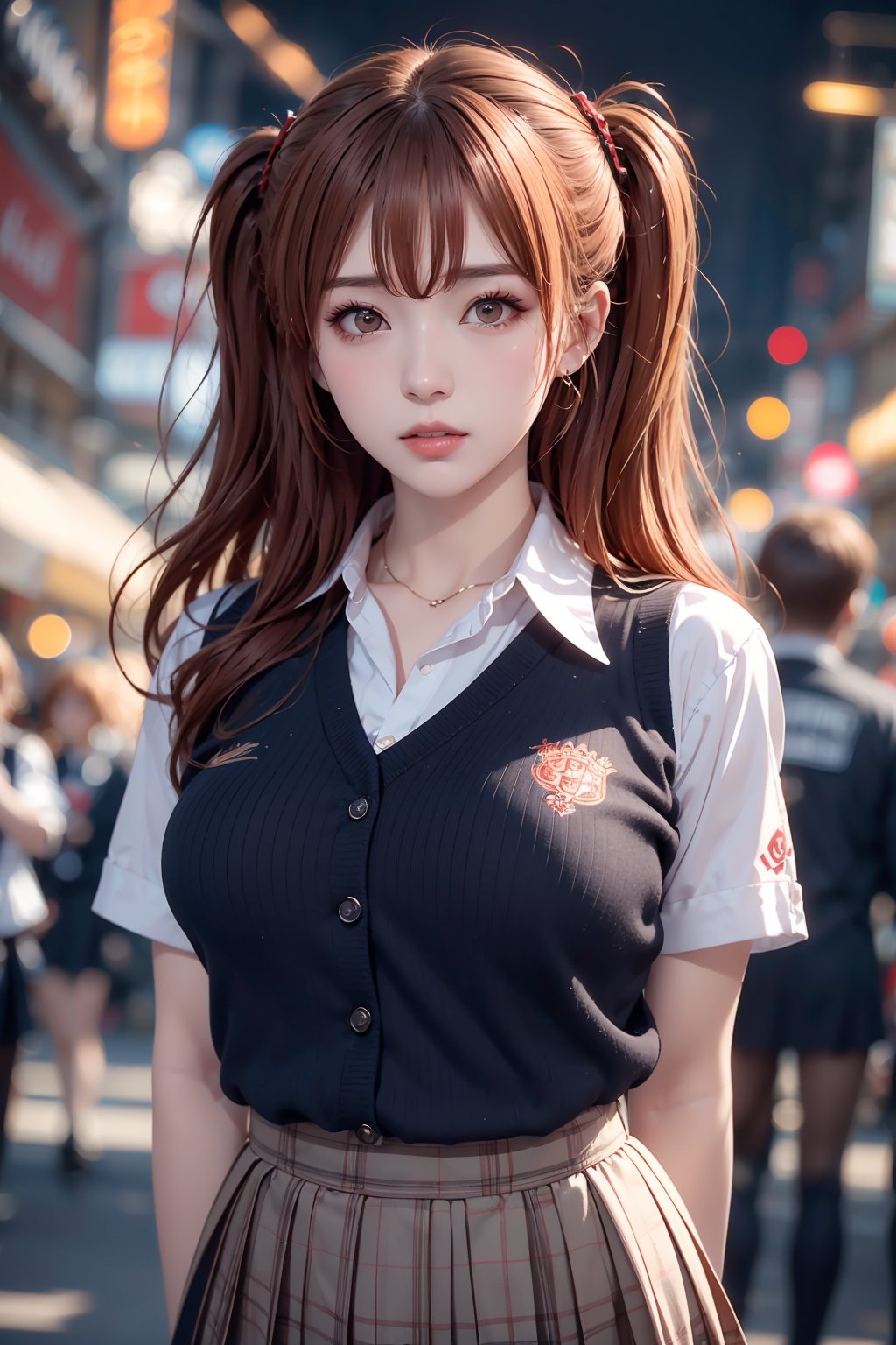 1girl, solo, orange hair, two side up hair, looking at viewer, brown eyes, anime waifu, upper body, parted lips, busty, blurry, lips, film noir, fantasy, dynamic, standng with arms behind back, noir, mafia, yakuza, ((school uniform)), ,1 girl