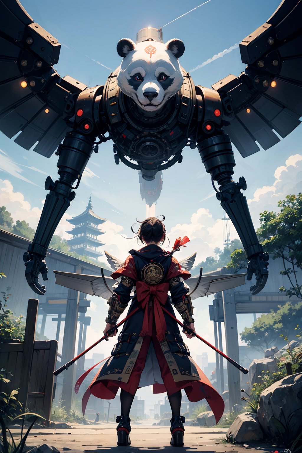 Visualize a fantastical realm where the elegance of traditional Japanese culture intertwines with the mechanical marvels of steampunk innovation. In this vibrant world, amidst bamboo forests and towering pagodas adorned with brass gears and copper pipes, emerges a unique figure: a cyborg panda. Picture this panda, clad in sleek, metallic armor adorned with ornate samurai motifs, standing upright with a dignified yet imposing presence. Its eyes gleam with the soft glow of augmented optics, reflecting wisdom and determination. Protruding from its back, a pair of mechanical wings crafted in the likeness of traditional Japanese fans, granting it the ability to soar gracefully through the skies. Behind this cybernetic creature, steam-powered machinery hums and whirs, blending seamlessly with the natural beauty of the landscape, hinting at the harmonious coexistence of nature and technology in this mesmerizing world.