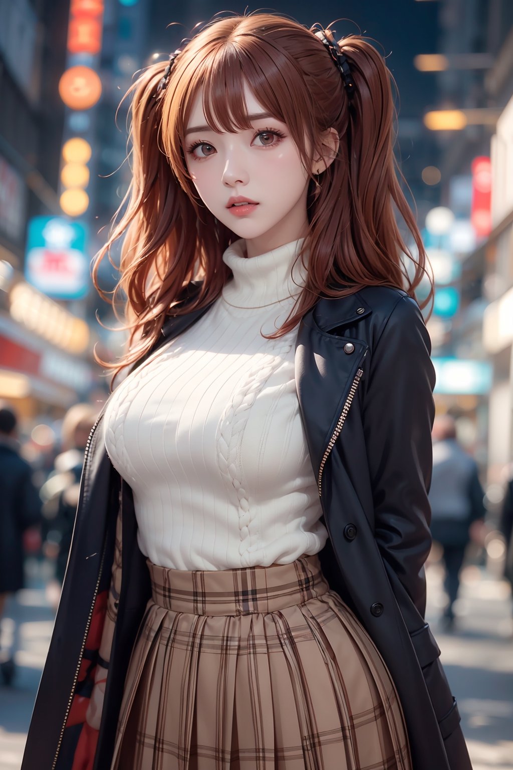 1girl, solo, orange hair, two side up hair, looking at viewer, brown eyes, anime waifu, upper body, parted lips, busty, blurry, lips, film noir, fantasy, dynamic, standng with arms behind back, noir, mafia, yakuza, ((coat, sweater, skirt)), ,1 girl