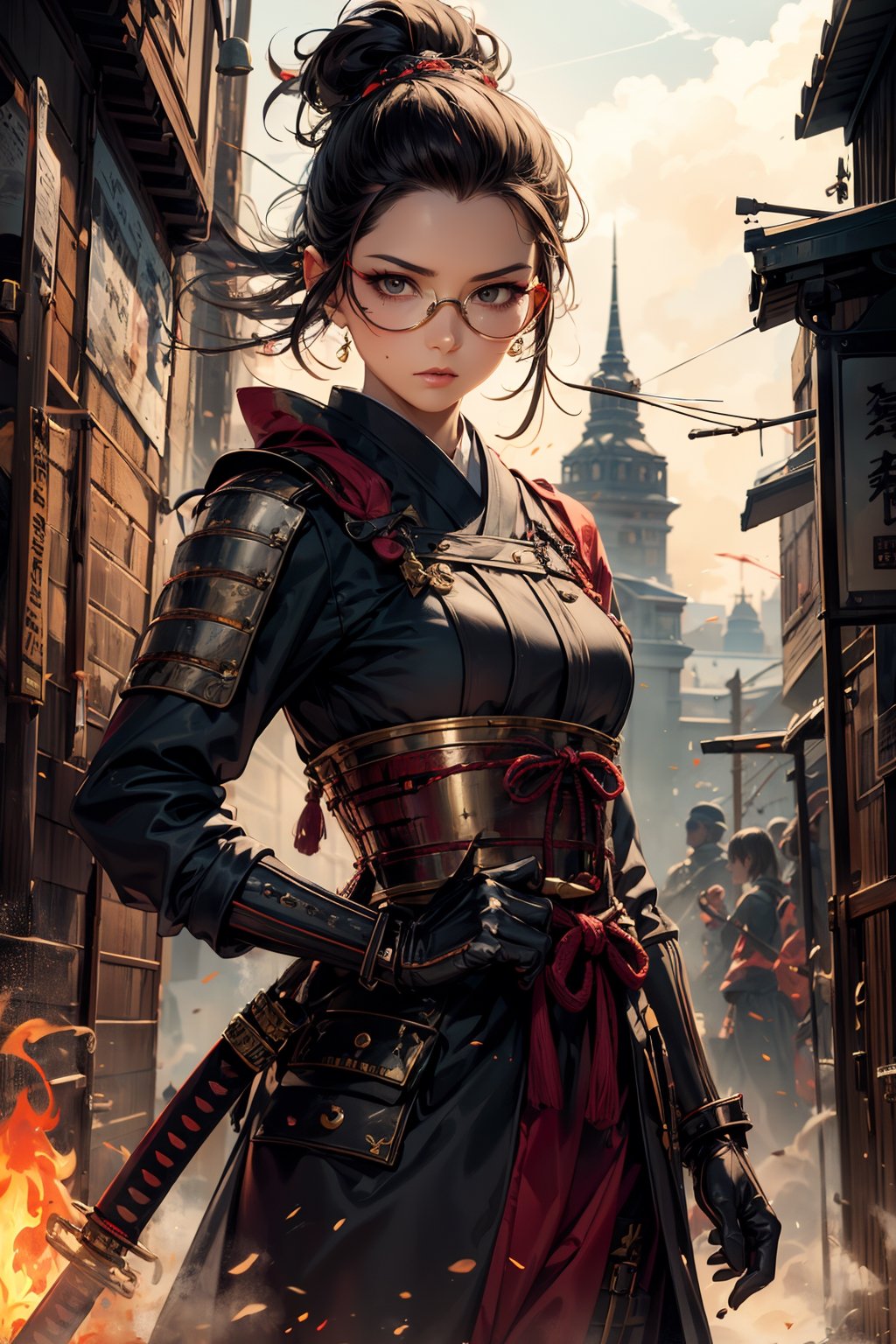 Picture a world where the mystique of ancient ninjas converges with the mechanical marvels of steampunk ingenuity. In this captivating realm, amidst shadowy alleyways and towering pagodas adorned with gears and brass fixtures, emerges a striking figure: a kunoichi. Envision her clad in a sleek yet functional ensemble, blending traditional ninja garb with steampunk accents such as leather corsets adorned with brass upper body, buckles and goggles that gleam with the soft glow of augmented lenses. Her katana, intricately engraved with steam-powered motifs, rests at her side, a testament to her deadly skills in both combat and engineering. With a grace honed through years of rigorous training, she moves with silent precision, her every step a dance of lethal elegance. Behind her, the cityscape pulses with the rhythmic hum of steam engines and the flickering glow of gas lamps, underscoring the seamless fusion of ancient tradition and futuristic innovation in this captivating world.