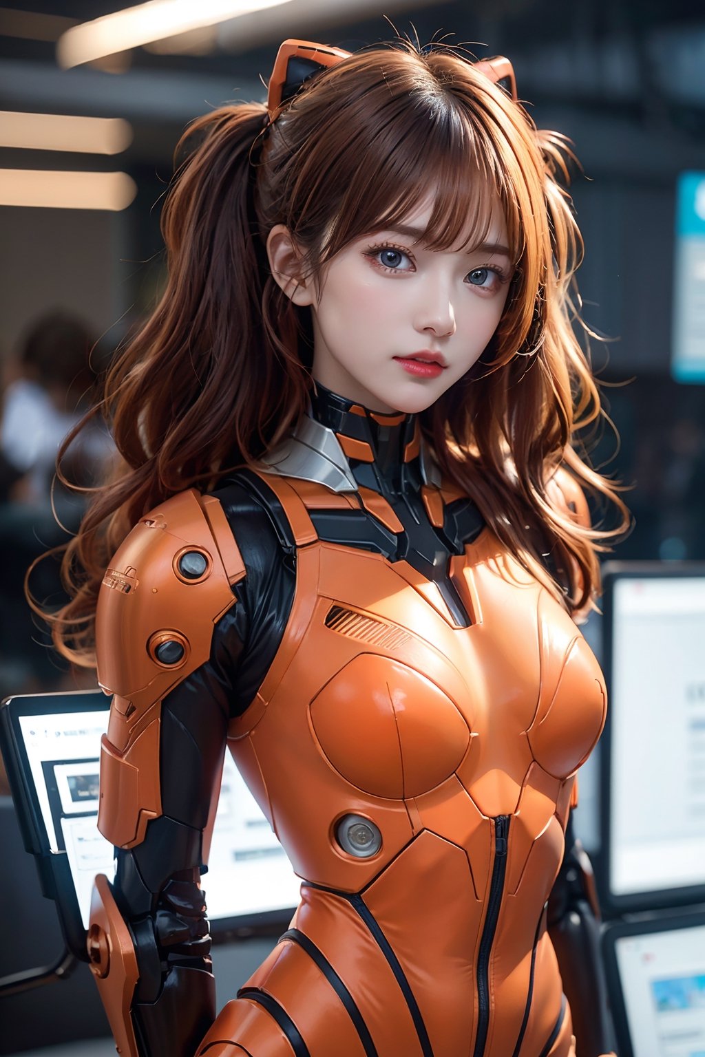 1girl, solo, orange hair, breasts, looking at viewer, wavy hair, curly hair, messh hair, dameged hair, brown eyes, cyborg girl, upper body, parted lips,cyborg armor, mechanical joints, mechanical armor,  blurry, lips, SF, sci fi, fantasy, cyber punk, android, dynamic, standng with arms behind back, cyber cafe, concierge, neon light, plug suit, ,souryuuasukalangley, orange theme, 