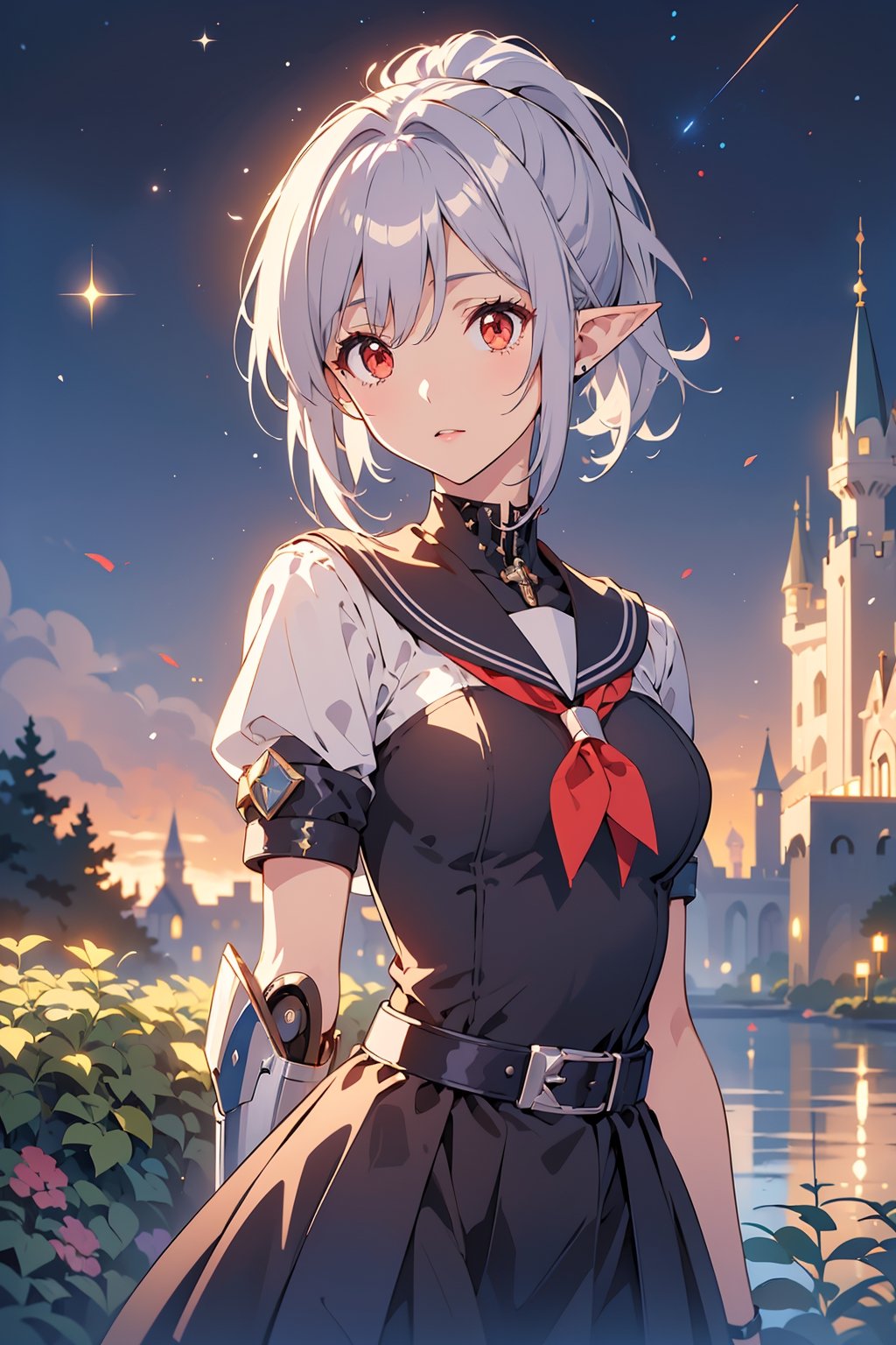 (emo art:1.6), 1woman, elf, mecha girl, wizard, ponytail, silver hair, red eyes, purple hair, school uniform, sailor school uniform, armor, starry sky, night view, 1woman, mecha girl, robot, knight, ponytail, short hair, silver hair, red eyes, armor, castle, night view, garden, starry sky