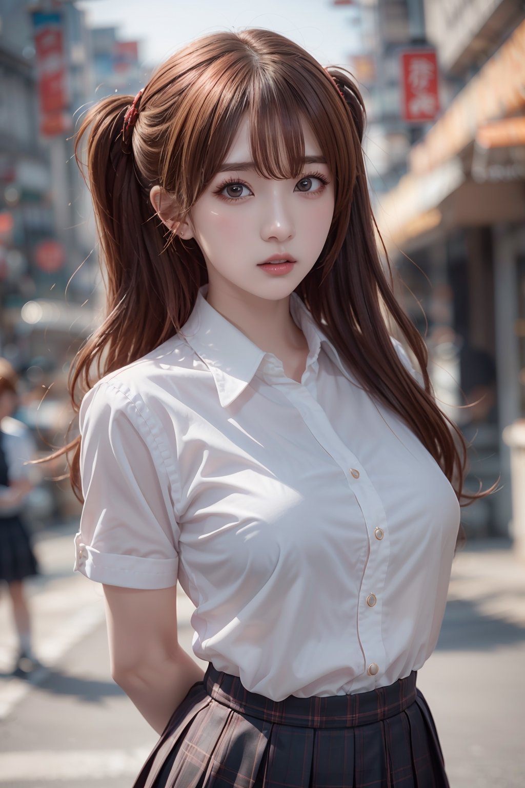 1girl, solo, orange hair, two side up hair, looking at viewer, brown eyes, anime waifu, upper body, parted lips, busty, blurry, lips, film noir, fantasy, dynamic, standng with arms behind back, noir, mafia, yakuza, ((school uniform)), ,1 girl