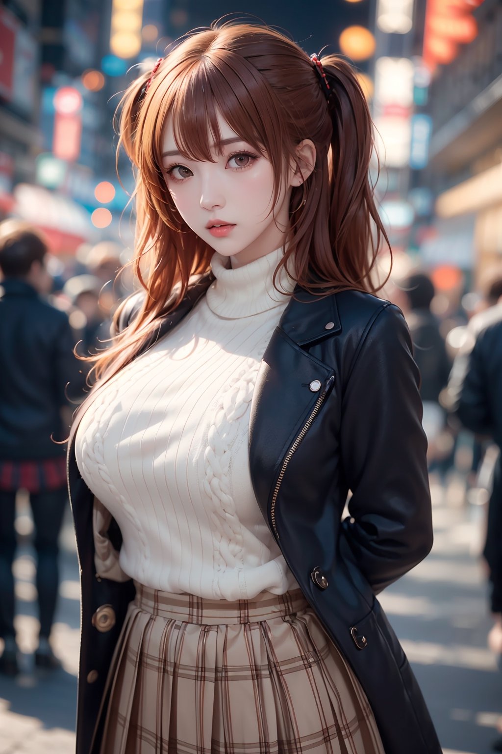 1girl, solo, orange hair, two side up hair, looking at viewer, brown eyes, anime waifu, upper body, parted lips, busty, blurry, lips, film noir, fantasy, dynamic, standng with arms behind back, noir, mafia, yakuza, ((coat, sweater, skirt)), ,1 girl