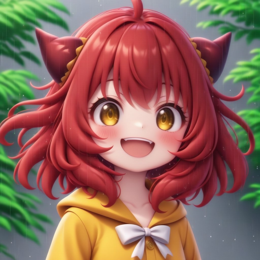 cute dragon girl, cute dragon girl, 18yo, red hair, shiny crimson red hair, short hair, bangs, dragon horns, upper body, weaing a yellow raincoat, bright smile, fang, ,,1dragon girl,<lora:659095807385103906:1.0>,<lora:659095807385103906:1.0>,anya forger,<lora:659095807385103906:1.0>