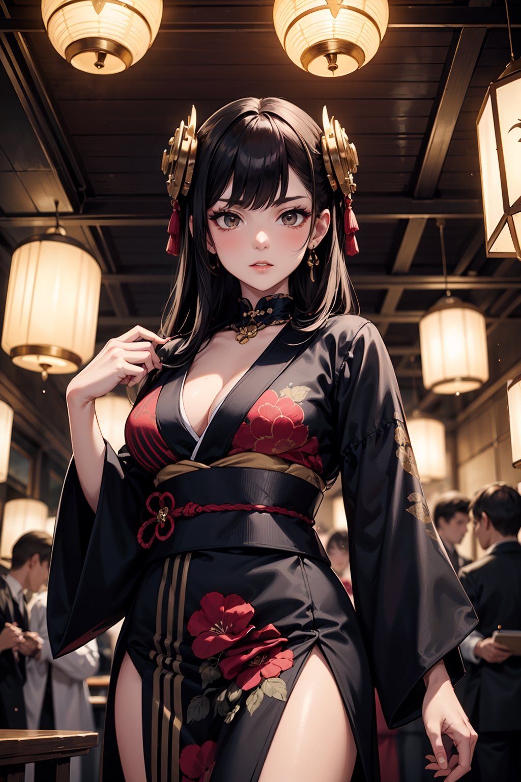 Imagine a bustling metropolis where Edo-era aesthetics collide with Victorian-era steam-powered technology. In the heart of this fusion, stands a formidable woman, the matriarch of a powerful mafia syndicate. Dressed in a blend of traditional kimono and steampunk attire, she exudes an aura of authority and elegance. Her hair, adorned with intricate ornaments, cascades in waves, framing a face etched with determination and cunning. Clutched in her hand is a sleek, modified katana infused with gears and brass accents, symbolizing her mastery of both ancient swordsmanship and cutting-edge innovation. Behind her, towering skyscrapers adorned with paper lanterns and brass fixtures loom, hinting at the underworld empire she commands.