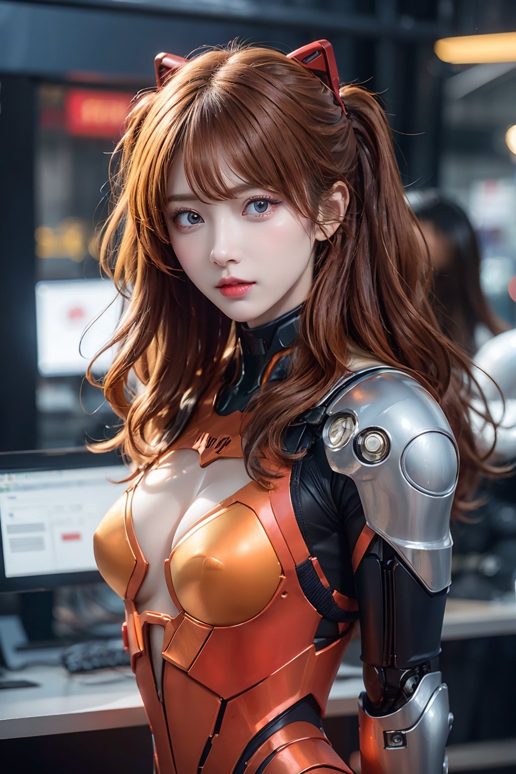 1girl, solo, orange hair, breasts, looking at viewer, wavy hair, curly hair, messh hair, dameged hair, brown eyes, cyborg girl, upper body, parted lips,cyborg armor, mechanical joints, mechanical armor,  blurry, lips, SF, sci fi, fantasy, cyber punk, android, dynamic, standng with arms behind back, cyber cafe, concierge, neon light, plug suit, ,souryuuasukalangley