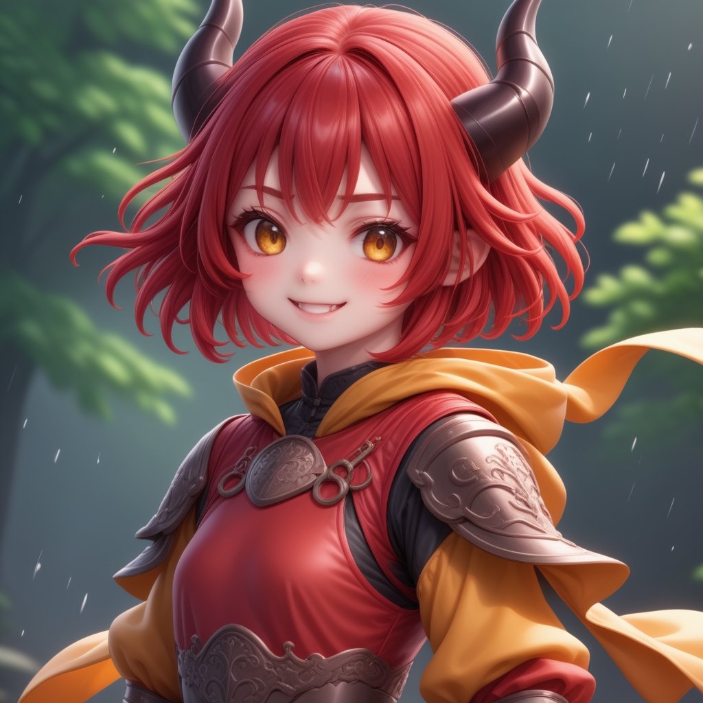 a cute dragon girl soctume, cute dragon girl, 18yo, red hair, shiny crimson red hair, short hair, bangs, dragon horns, upper body, weaing a yellow raincoat, dragon mediebal armor, bright smile, fang, ,,1dragon girl,,,anya forger,2b-Eimi,<lora:659095807385103906:1.0>