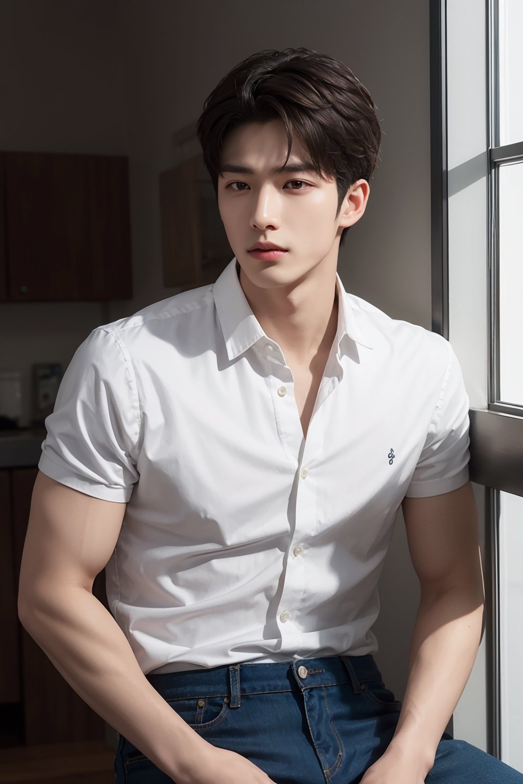 (masterpiece, top quality, best quality, official art, hdr, high contrast, ultra high res), light brown hair, whort pulled back hair, looking at viewer, 1man, solo, a muscular Korean boy, 20yo, tall, great muscular , broad shoulders, biceps, white collared shirt, open shirt, jeans,
thin lips, squinted eyes, sharp cheeks, sharp jawline, flared nose, black_eyes, dark olive skintone, 
