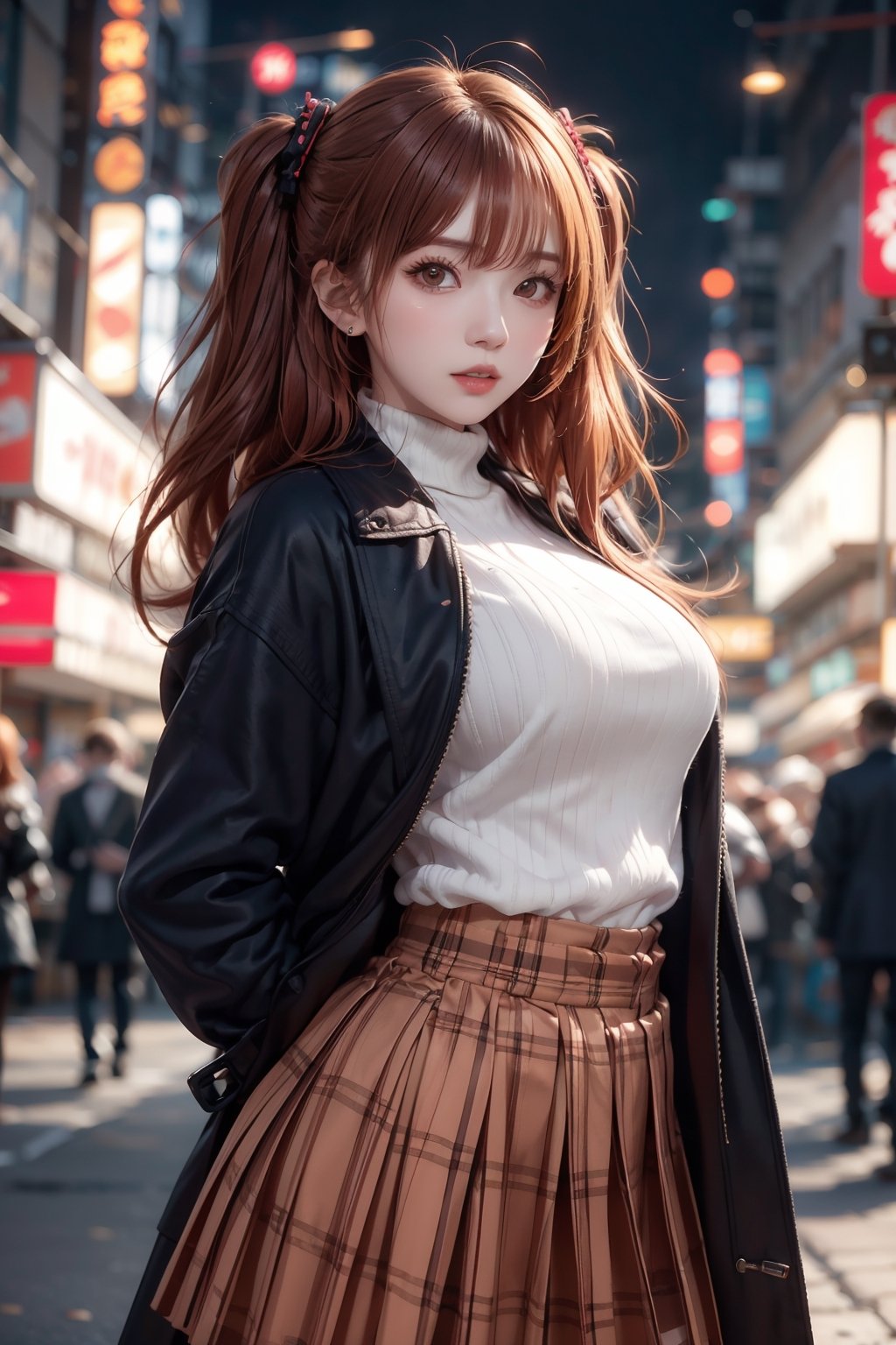 1girl, solo, orange hair, two side up hair, looking at viewer, brown eyes, anime waifu, upper body, parted lips, busty, blurry, lips, film noir, fantasy, dynamic, standng with arms behind back, noir, mafia, yakuza, ((coat, sweater, skirt)), ,1 girl