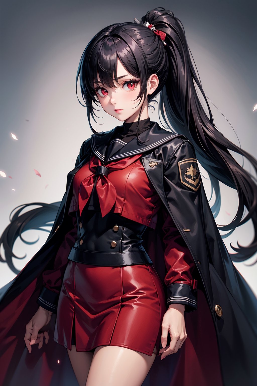 1woman,army woman, ponytail, black hair, cute face, red eyes, army long coat, sailor school uniform, black theme, stylish pose, standing, harbar, fantasy, ultra detailed, ultra highres, masterpiece, 