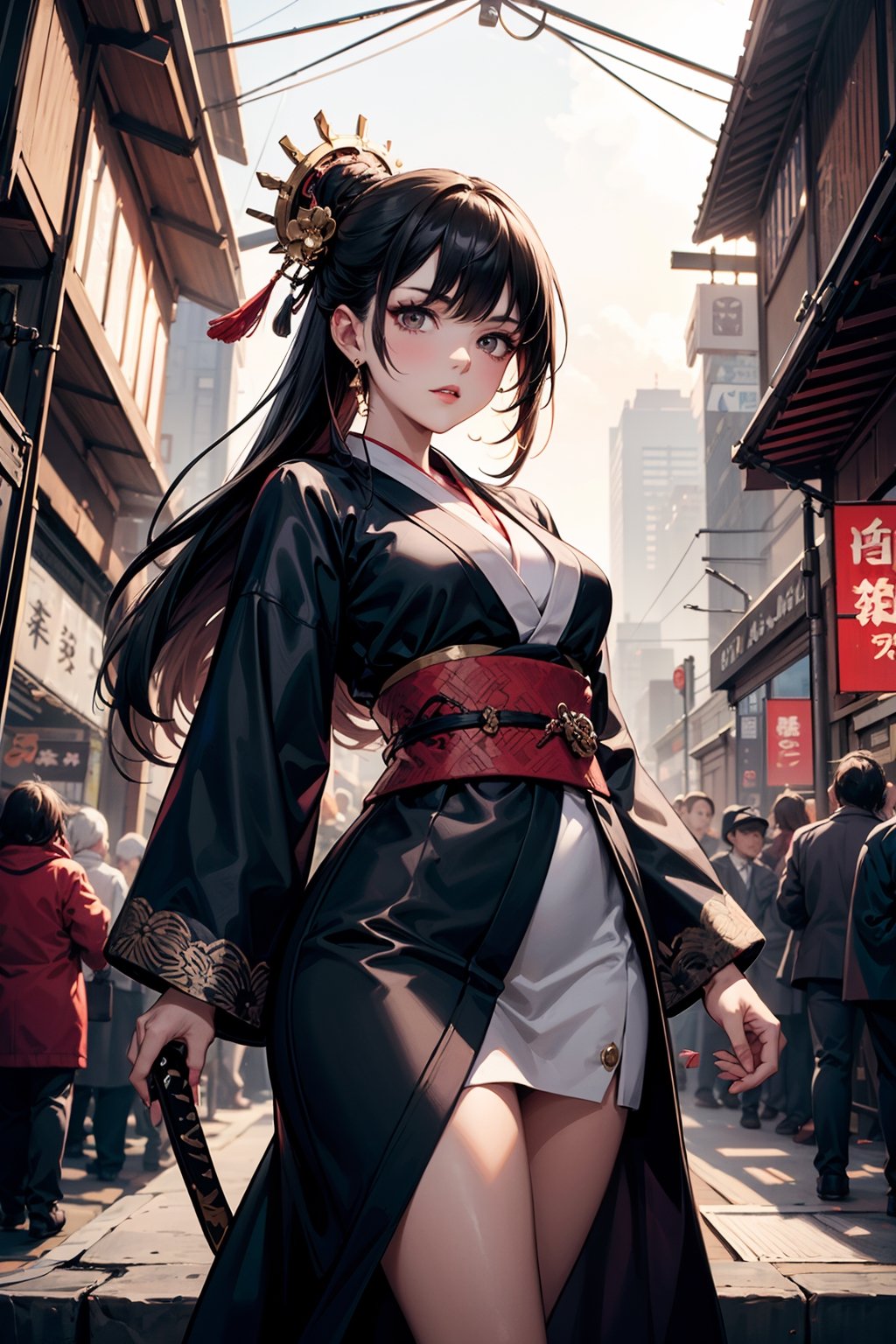Imagine a bustling metropolis where Edo-era aesthetics collide with Victorian-era steam-powered technology. In the heart of this fusion, stands a formidable woman, the matriarch of a powerful mafia syndicate. Dressed in a blend of traditional kimono and steampunk attire, she exudes an aura of authority and elegance. Her hair, adorned with intricate ornaments, cascades in waves, framing a face etched with determination and cunning. Clutched in her hand is a sleek, modified katana infused with gears and brass accents, symbolizing her mastery of both ancient swordsmanship and cutting-edge innovation. Behind her, towering skyscrapers adorned with paper lanterns and brass fixtures loom, hinting at the underworld empire she commands.