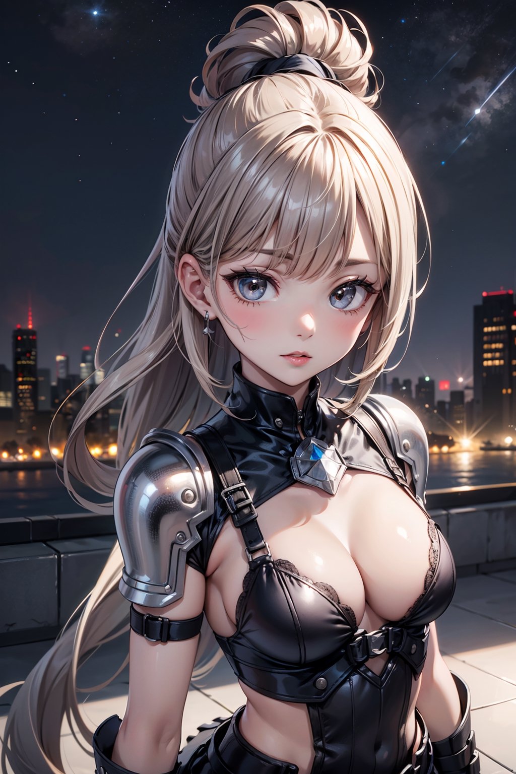 1woman, 28yo, small egg face, beautiful E-line face, perfect E-line, medium length ponytail with blunt bangs, light brown hair, dark brown big eyes, beautiful eyes, medium wide_set breasts,  (voluptous:1.3), 
BREAK, 
wearing a (futuric platinum body armor:1.3), (harness:1.3), (platinum theme:1.3),(platinum metal materials:1.3), night high tower rooftop, starry sky, night, night city view, 
BREAK, 
upper body, close up upper body shot, (from head to waist), (standing  with V arms:1.1), ultra detailed, ultra high res, best quality, masterpiece, 