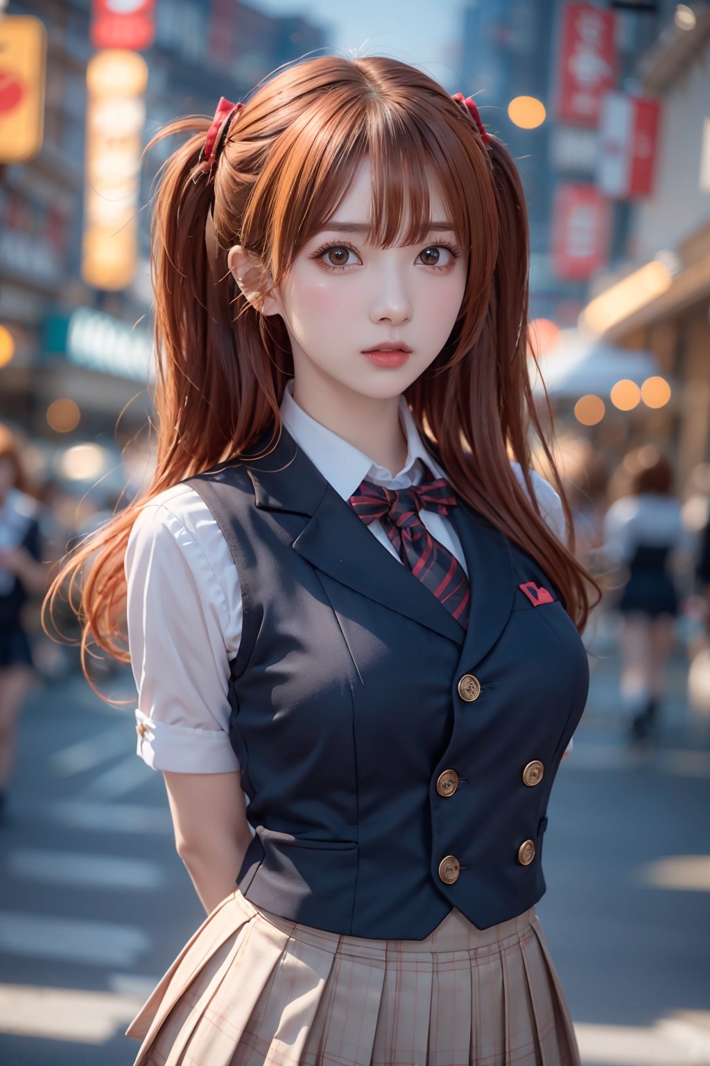 1girl, solo, orange hair, two side up hair, looking at viewer, brown eyes, anime waifu, upper body, parted lips, busty, blurry, lips, film noir, fantasy, dynamic, standng with arms behind back, noir, mafia, yakuza, ((school uniform)), ,1 girl