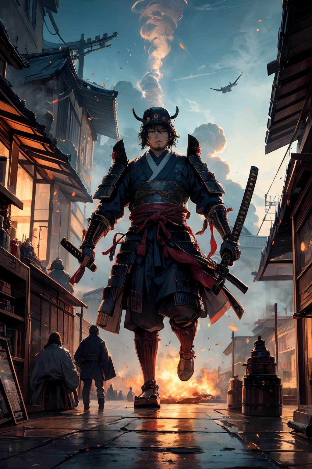 Imagine a world where the honor of ancient samurai converges with the technological wonders of steampunk brilliance. In this evocative realm, amidst towering pagodas adorned with brass fittings and bustling marketplaces filled with the hiss of steam, emerges a formidable figure: a samurai. Envision him clad in a blend of traditional armor and steampunk accouterments, with ornate kabuto helmets featuring intricate gears and steam vents. His katana, sheathed in a holster adorned with mechanical embellishments, gleams with the promise of swift justice. With a stoic expression etched upon his face, he embodies the code of bushido, his every movement a testament to discipline and mastery. Behind him, the cityscape sprawls with towering factories belching steam into the sky, symbolizing the harmonious coexistence of tradition and progress in this captivating world.