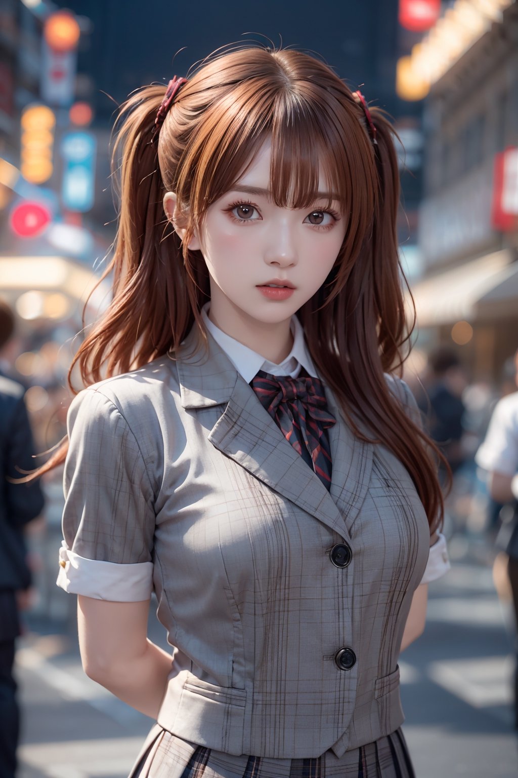 1girl, solo, orange hair, two side up hair, looking at viewer, brown eyes, anime waifu, upper body, parted lips, busty, blurry, lips, film noir, fantasy, dynamic, standng with arms behind back, noir, mafia, yakuza, ((school uniform)), ,1 girl