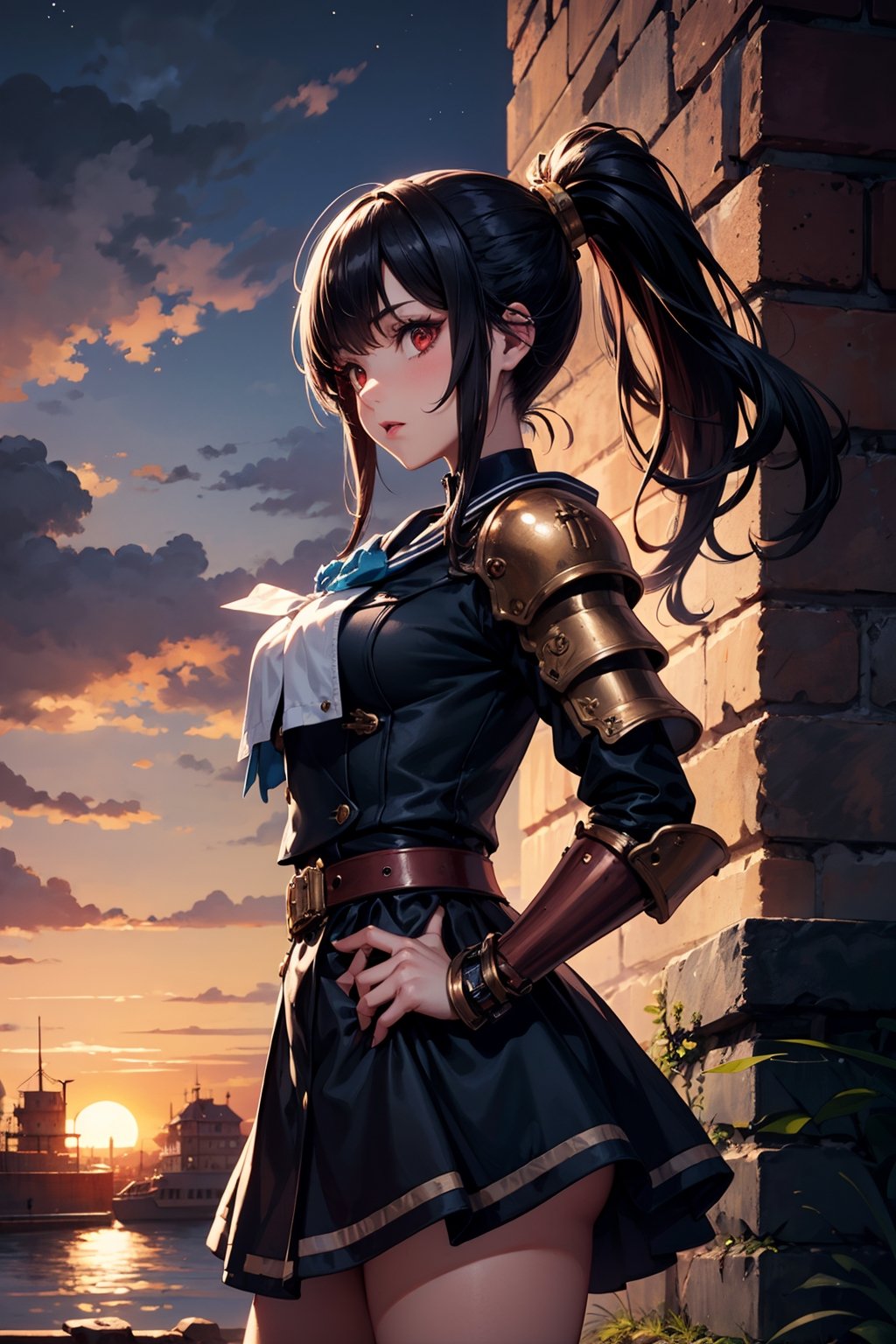 1woman, knight, ponytail, black hair, red eyes, armor, sailor school uniform, sea, sunset, steampunk style, 1girl, steampunk atmosphere, antique, mechanical, brass and copper tones, gears, 1 girl, dark fantasy, dark night, castle, tombstone