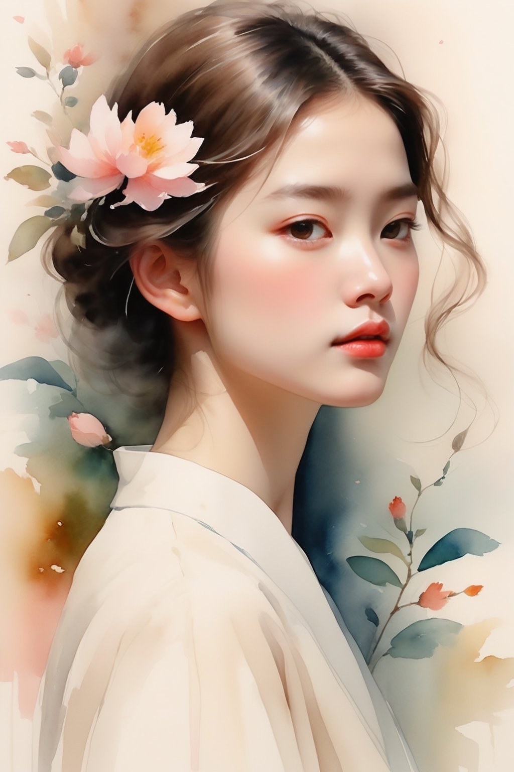Generate a female portrait illustration inspired by the watercolor artworks of Ping Fan and Chen Shufen, renowned for their delicate portrayal of women. Emulate their style by infusing the portrait with soft, ethereal brushstrokes that convey a sense of tranquility and grace. Focus on capturing the subtle nuances of expression, reflecting both inner strength and vulnerability. Incorporate hints of cultural symbolism or traditional elements that resonate with the viewer, adding depth to the narrative of the portrait. Pay special attention to the interplay of light and color, creating a luminous effect that enhances the subject's natural beauty. Let the portrait evoke a sense of timeless elegance and understated sophistication, reminiscent of the masterpieces by Ping Fan and Chen Shufen.,watercolor \(medium\),watercolor