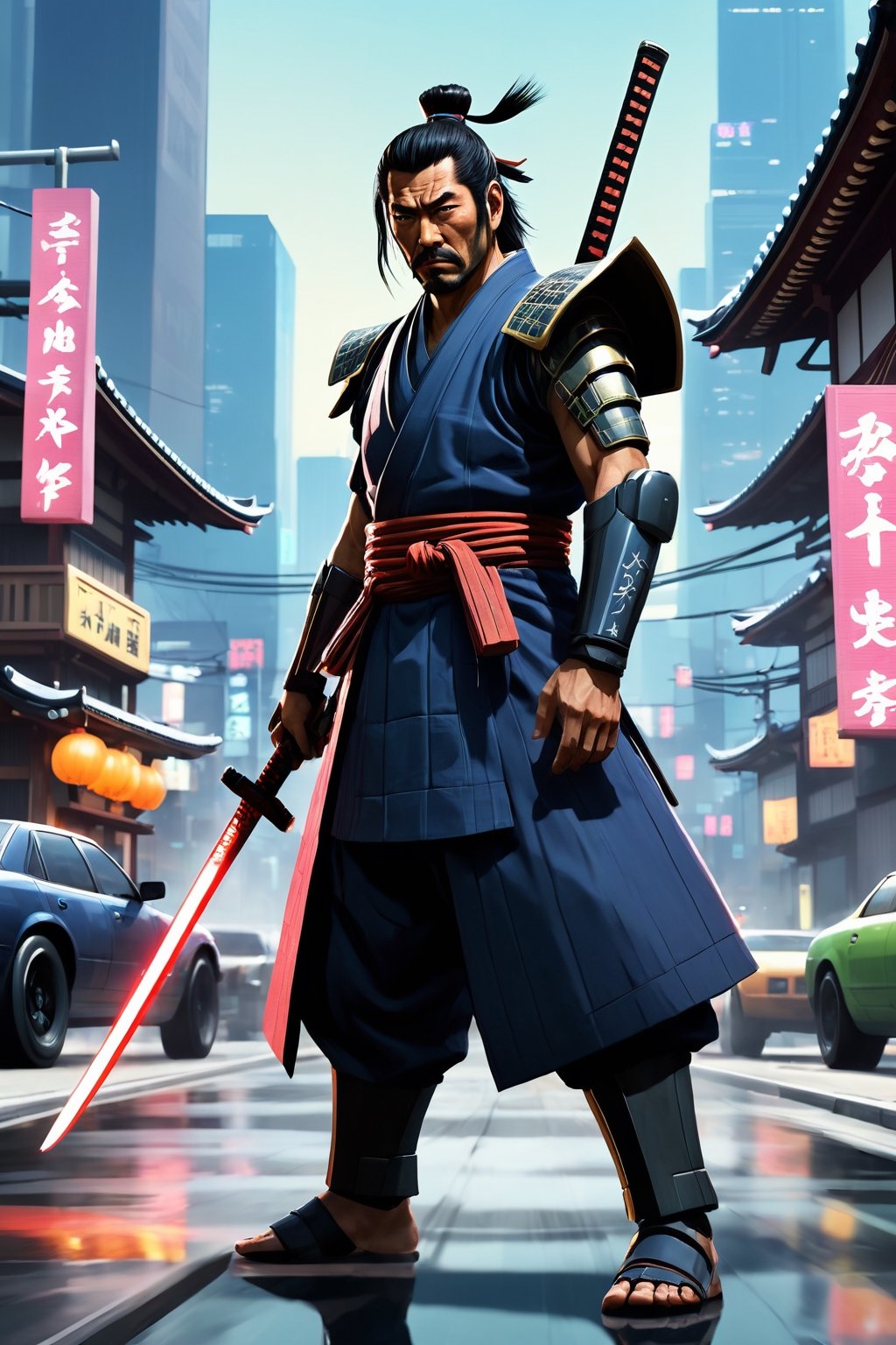 Create an illustration prompt for generating an image of a Japanese samurai reincarnated into the world of Grand Theft Auto, modeled after Toshiro Mifune, the legendary actor. Imagine a sprawling urban landscape, blending futuristic neon-lit skyscrapers with traditional Japanese architecture. The samurai, clad in modernized armor adorned with kanji symbols, stands amidst the chaos, wielding a katana infused with cybernetic enhancements. His expression exudes a stoic determination, reflecting the clash of ancient honor and contemporary lawlessness. Behind him, futuristic vehicles speed through the streets, while looming shadows hint at the presence of rival factions and lurking dangers.