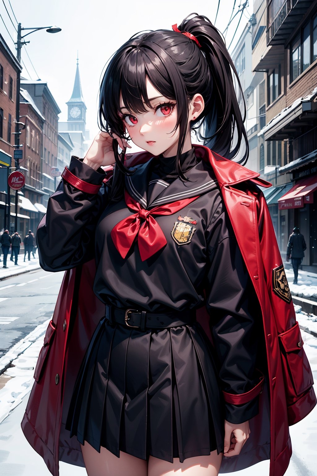 1woman,army woman, ponytail, black hair, cute face, red eyes, army long coat, sailor school uniform, bkacj theme, stylish pose, standing, urban, harbar, fantasy, ultra detailed, ultra highres, masterpiece, 