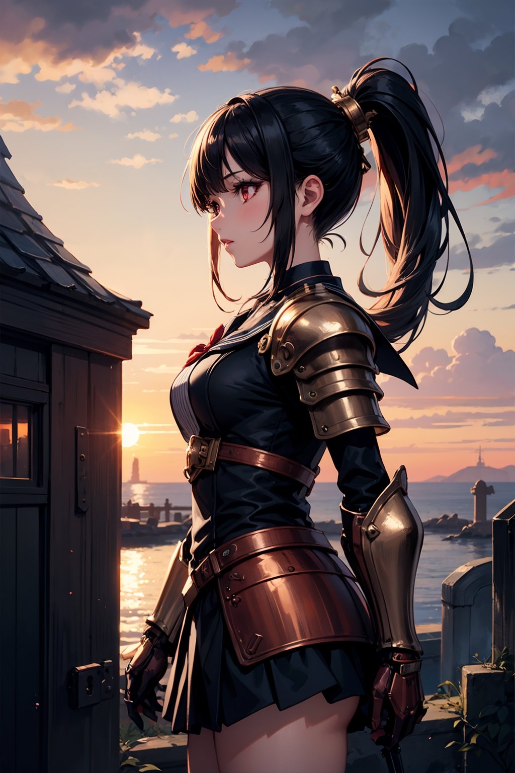 1woman, knight, ponytail, black hair, red eyes, armor, sailor school uniform, sea, sunset, steampunk style, 1girl, steampunk atmosphere, antique, mechanical, brass and copper tones, gears, 1 girl, dark fantasy, dark night, castle, tombstone