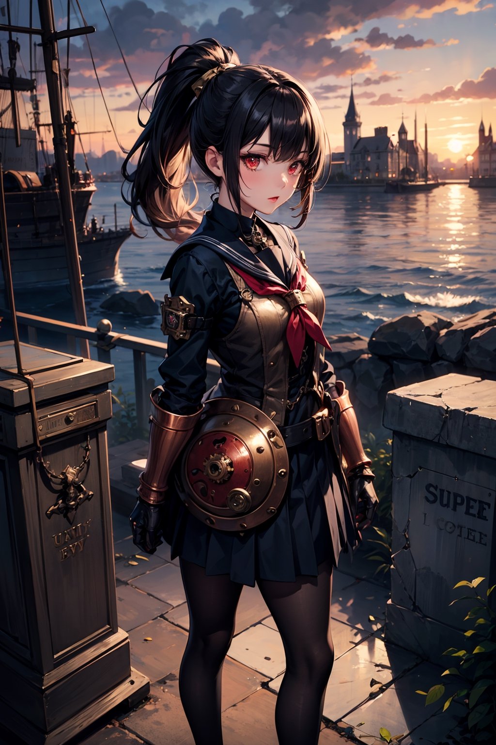 1woman, knight, ponytail, black hair, red eyes, armor, sailor school uniform, sea, sunset, steampunk style, 1girl, steampunk atmosphere, antique, mechanical, brass and copper tones, gears, 1 girl, dark fantasy, dark night, castle, tombstone