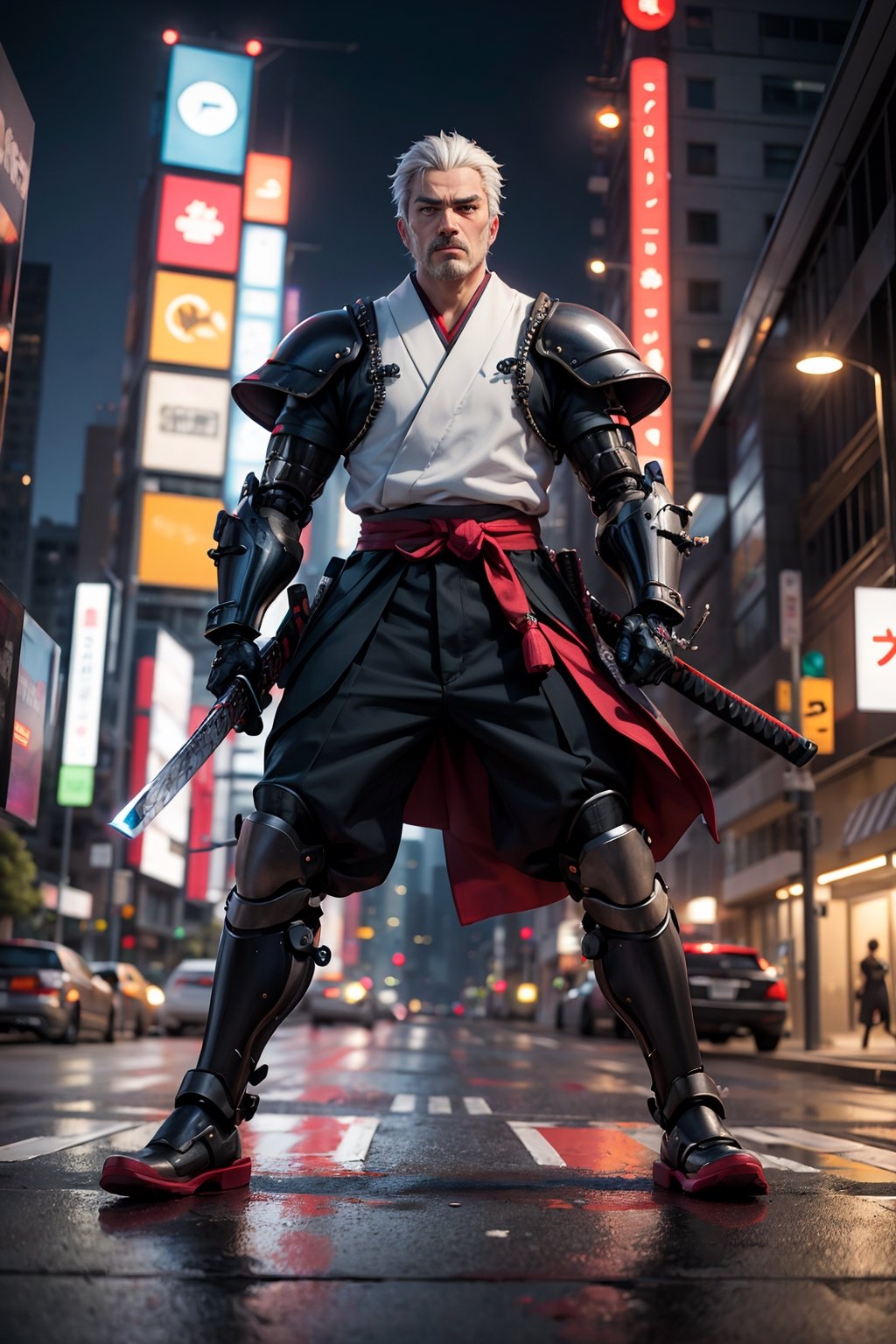 Create an illustration prompt for generating an image of a Japanese samurai reincarnated into the world of Grand Theft Auto, modeled after Toshiro Mifune, the legendary actor. Imagine a sprawling urban landscape, blending futuristic neon-lit skyscrapers with traditional Japanese architecture. The samurai, clad in modernized armor adorned with kanji symbols, stands amidst the chaos, wielding a katana infused with cybernetic enhancements. His expression exudes a stoic determination, reflecting the clash of ancient honor and contemporary lawlessness. Behind him, futuristic vehicles speed through the streets, while looming shadows hint at the presence of rival factions and lurking dangers.