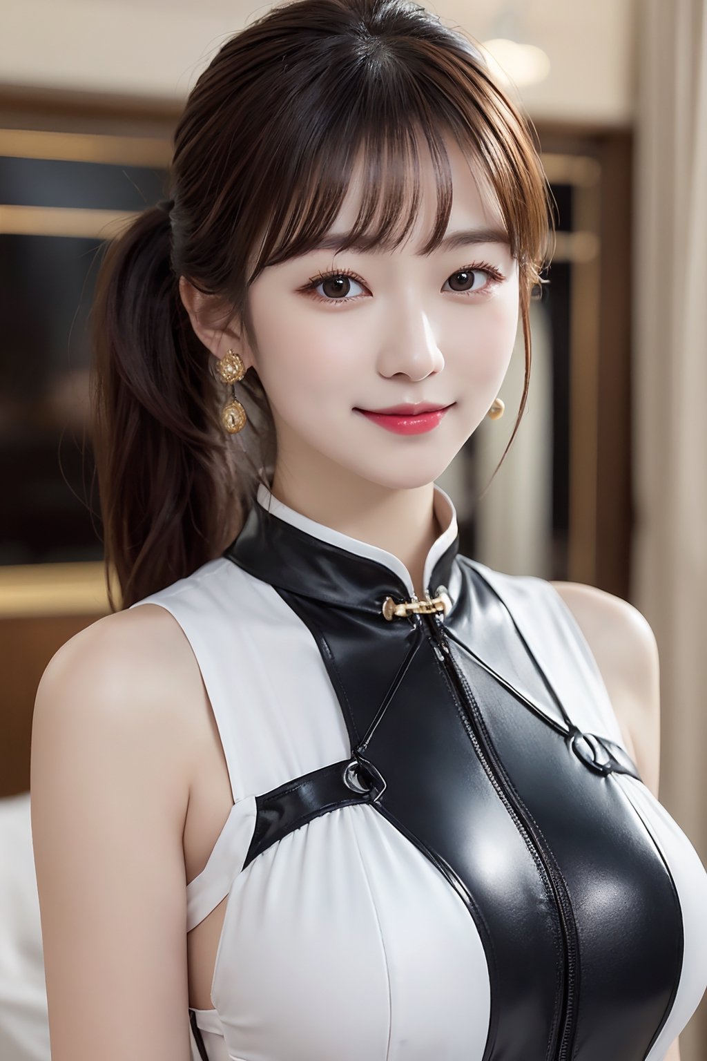 1girl, solo, long hair, breasts, looking at viewer, smile, bangs, large breasts, black ponytail hair, brown eyes, closed mouth, pilotsuit, cheongsam, harness, upper body, indoors, black eyes, lips, clothing cutout, realistic, V arms, 