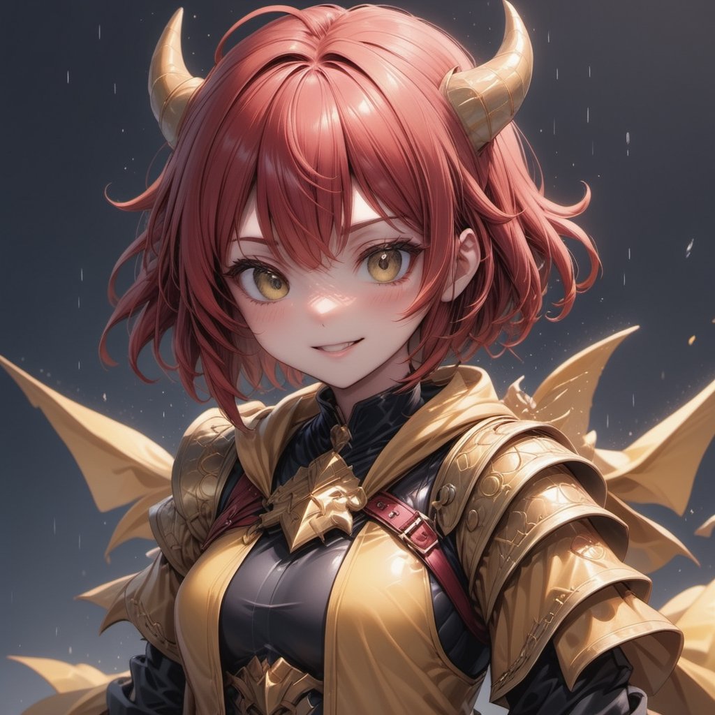 a cute dragon girl soctume, cute dragon girl, 18yo, red hair, shiny crimson red hair, short hair, bangs, dragon horns, upper body, weaing a yellow raincoat, dragon mediebal armor, bright smile, fang, ,,1dragon girl,,,anya forger,2b-Eimi,Flat vector art,<lora:659095807385103906:1.0>