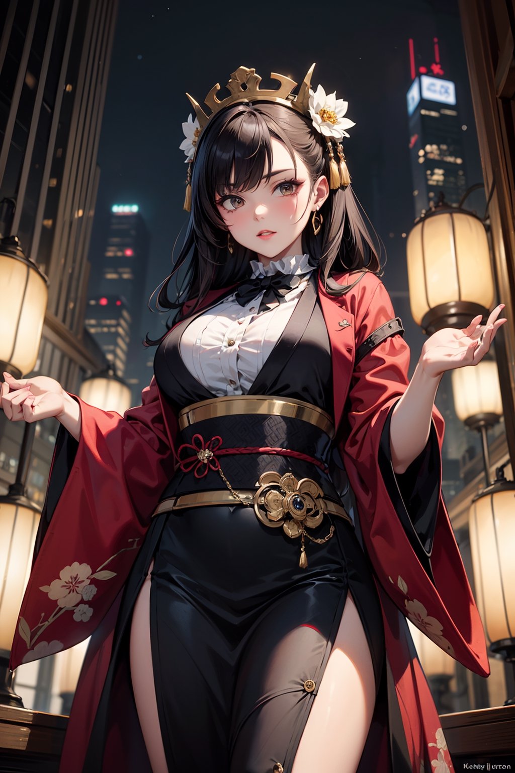 Imagine a bustling metropolis where Edo-era aesthetics collide with Victorian-era steam-powered technology. In the heart of this fusion, stands a formidable woman, the matriarch of a powerful mafia syndicate. Dressed in a blend of traditional kimono and steampunk attire, she exudes an aura of authority and elegance. Her hair, adorned with intricate ornaments, cascades in waves, framing a face etched with determination and cunning. Clutched in her hand is a sleek, modified katana infused with gears and brass accents, symbolizing her mastery of both ancient swordsmanship and cutting-edge innovation. Behind her, towering skyscrapers adorned with paper lanterns and brass fixtures loom, hinting at the underworld empire she commands.