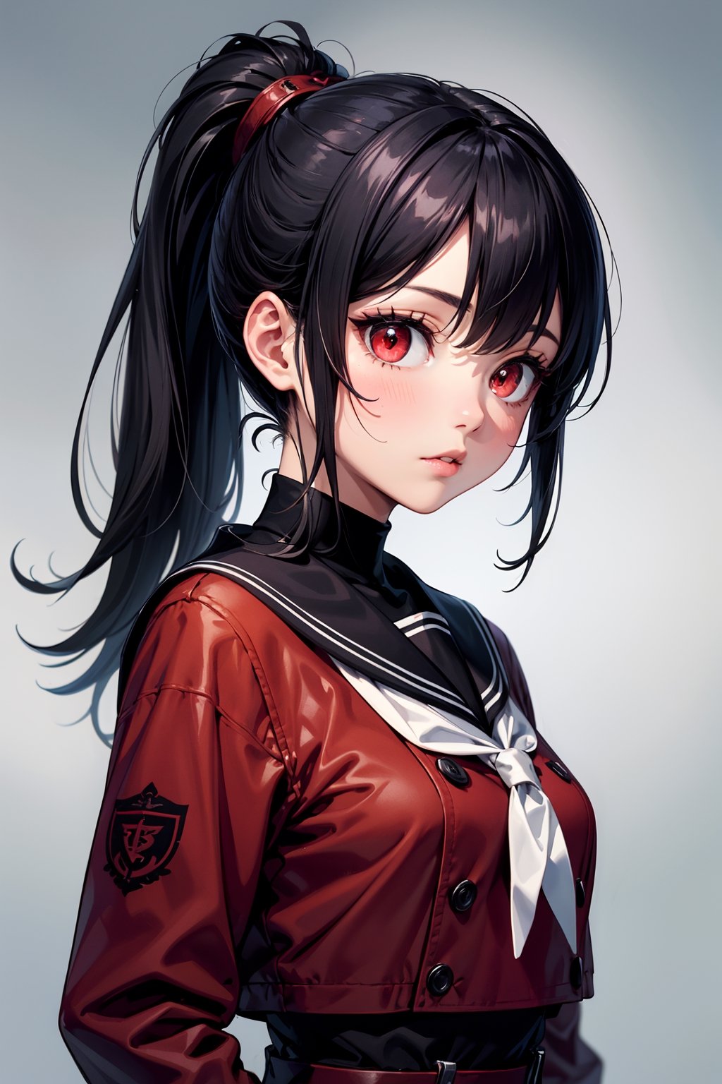 1woman,army woman, ponytail, black hair, cute face, red eyes, army long coat, sailor school uniform, black theme, stylish pose, standing, harbar, fantasy, ultra detailed, ultra highres, masterpiece, 