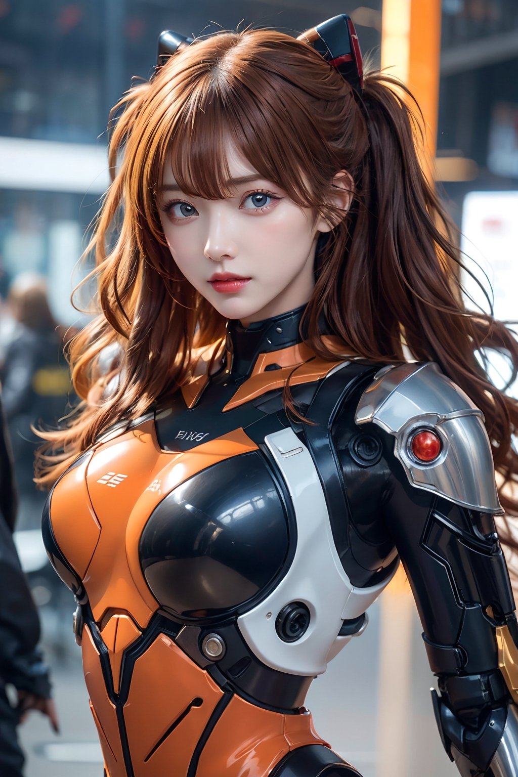 1girl, solo, orange hair, breasts, looking at viewer, wavy hair, curly hair, messh hair, dameged hair, brown eyes, cyborg girl, upper body, parted lips,cyborg armor, mechanical joints, mechanical armor,  blurry, lips, SF, sci fi, fantasy, cyber punk, android, dynamic, standng with arms behind back, cyber cafe, concierge, neon light, plug suit, ,souryuuasukalangley